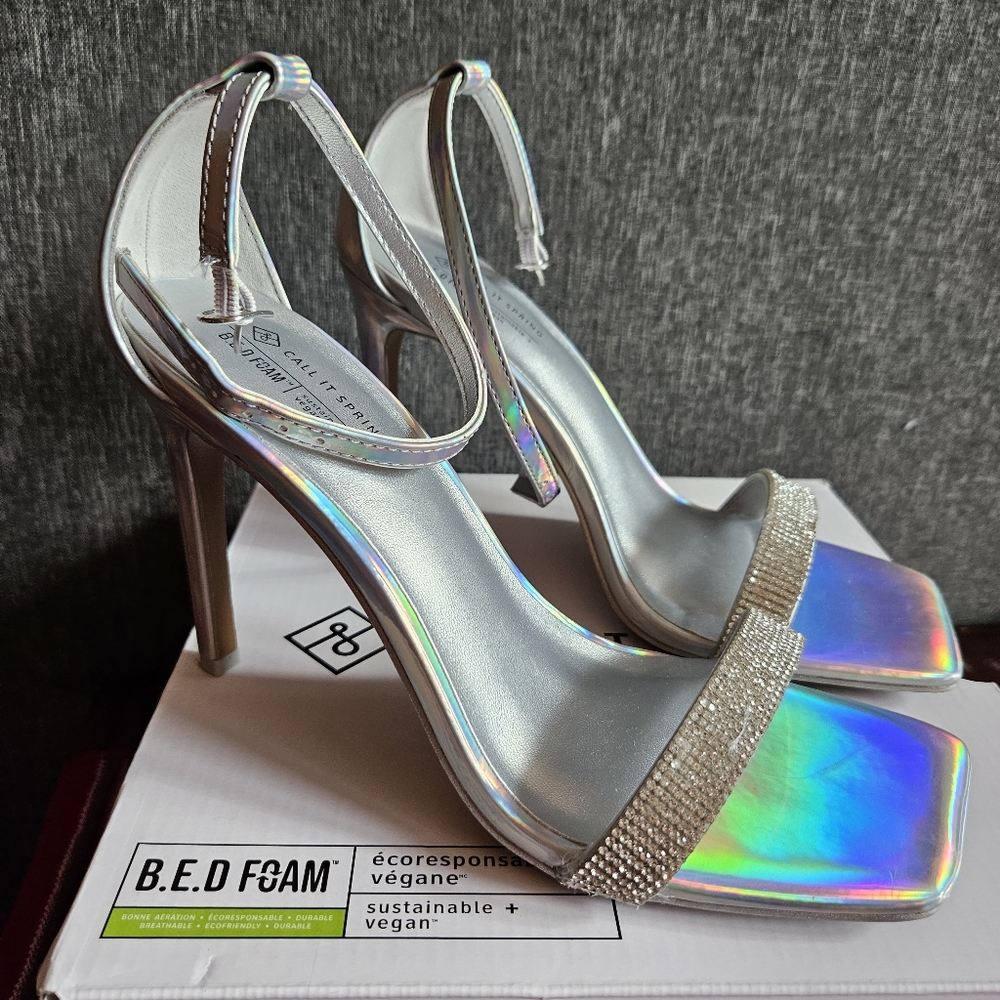 Silver iridescent ankle strap heels